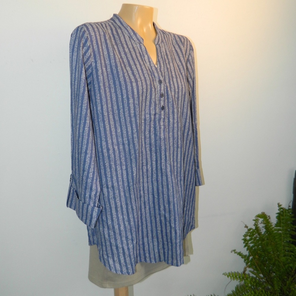 Hester & Orchard Tunic Top Women Large Blue White Striped Split Neck Cotton New - Picture 3 of 11